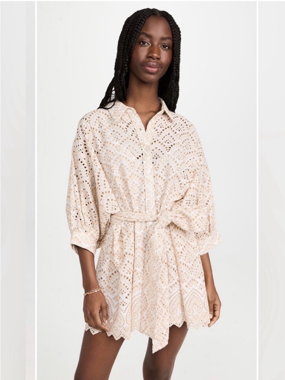 Sundress Lace Eyelet Belted Shirt Dress XS/S- White